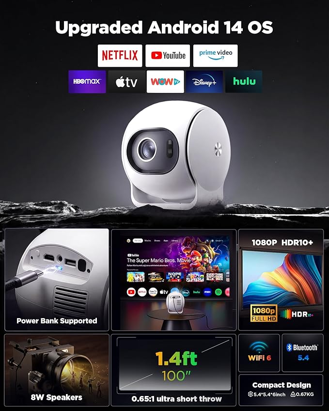 [ Ultra Short Throw & Built-in Apps ] Android 14 Smart Projector with WiFi and Bluetooth, 1080P FHD HDR10, Auto Focus/Keystone, Mini Portable Projector Support Power Bank for Bedroom/Outdoor, White