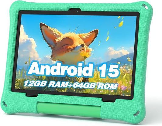 Kids Tablet: 10 Inch Android 15 Tablet for Kids, 64GB Octa-Core 6000mAh Battery, WiFi 6, Pre-Installed Kids Apps, Parental Control with EVA Protective Case - Ideal Gift for Toddler, Green