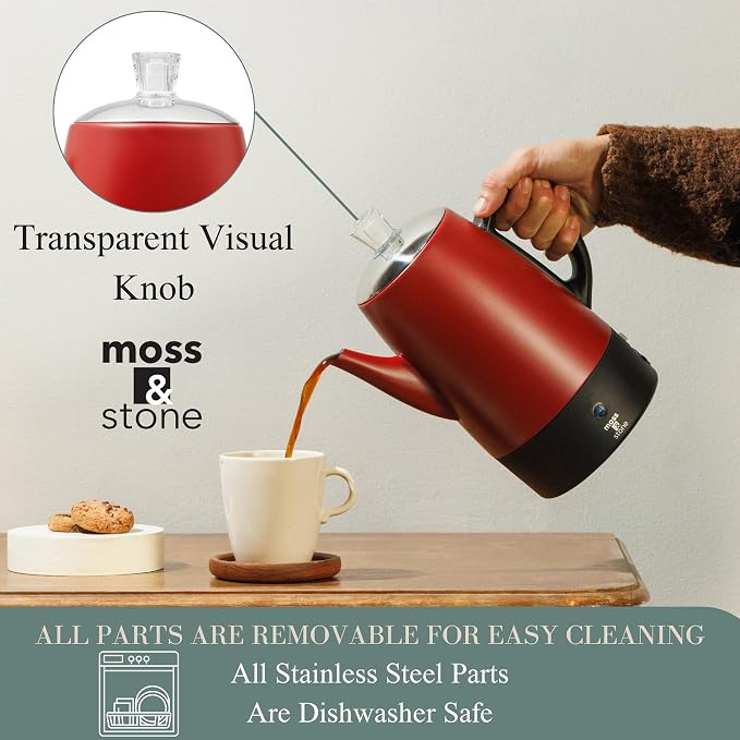 Moss & Stone Electric Coffee Percolator, Red Body with Stainless Steel Lid Coffee Maker, Percolator Electric Pot, Red Camping Coffee Pot 10 Cups Bundle With Set of 3 Double Wall Glass Cup Clear Mug, D
