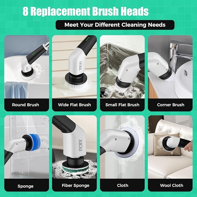 YKYI Electric Spin Scrubber, Cordless Power Scrubber Cleaning Tool with 8 Replaceable Heads and Extension Handle for Bathroom, Tub, Tile, Floor, Grout and Car (Gray)