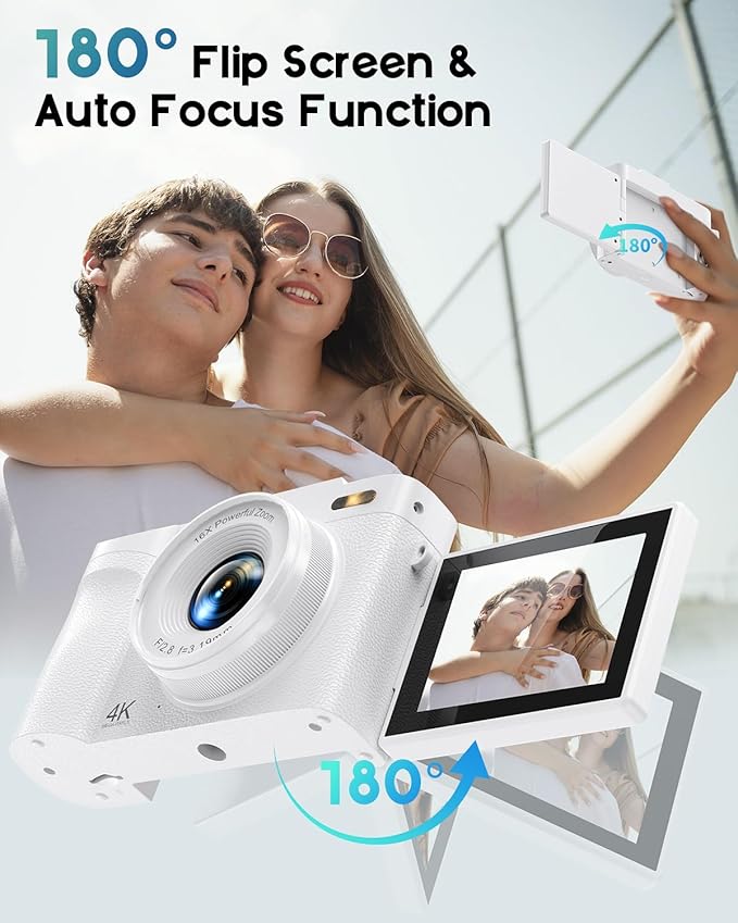 4K Digital Camera for Photography, 50MP Vlogging Camera for YouTube, Compact Cameras with 2.8" 180° Flip Screen, 16X Digital Zoom, Point and Shoot Camera with 32GB SD for Beginners, Travel, White