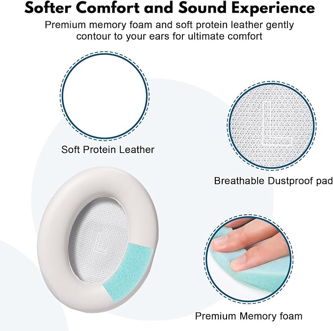 Replacement Earpads for Bose QuietComfort Ultra – Premium Memory Foam Cushions with Soft Protein Leather, Enhanced Noise Isolation, Easy Installation, for Bose QC Ultra Headphones (White Smoke)