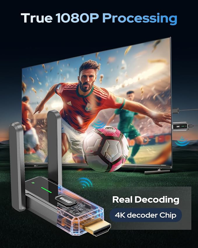 2026 Wireless Transmitter and Receiver, 492FT Long Range Extender, Low Latency & Stable Connection, Streams Video Wirelessly from Netflix, Laptop, TV Box, Camera to Multiple Screens & TVs