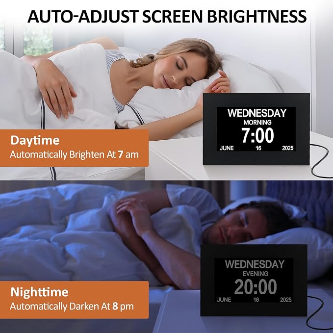 7" Digital Alarm Clock for Seniors, Dementia Clock with Day and Date for Elderly, Digital Calendar Day Clock with 20 Reminders & 20 Alarms, Auto-DST