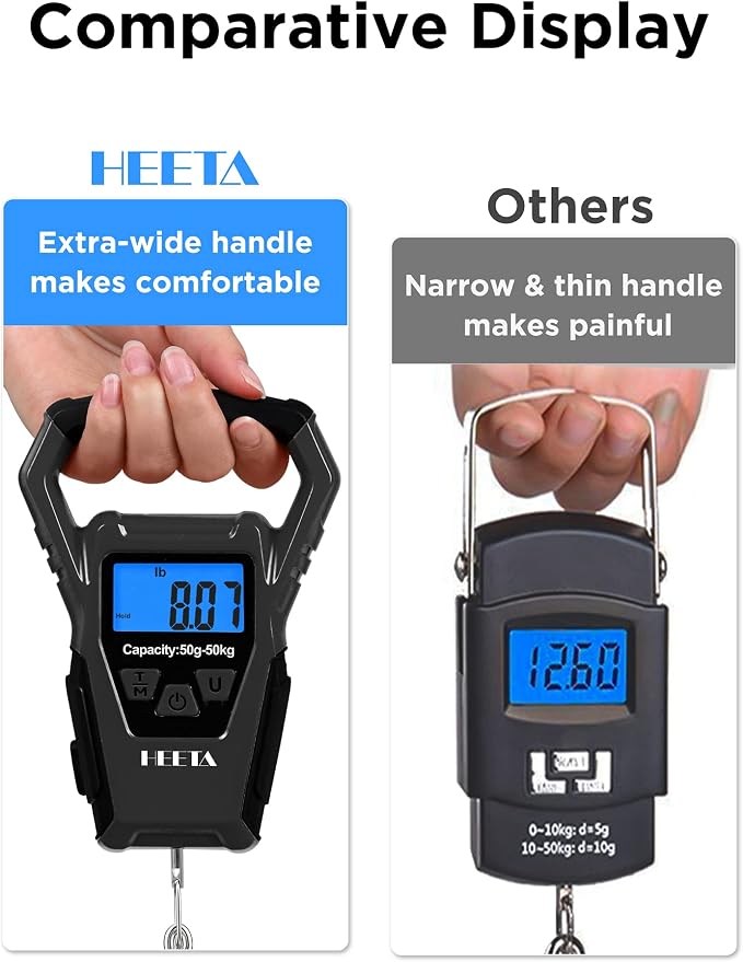 HEETA Waterproof Fish Scale Digital with Backlit LCD Display, 110lb/50kg Portable Hanging Scale Fishing Scale for Home and Outdoor, Measuring Tape and 2 AAA Batteries Included