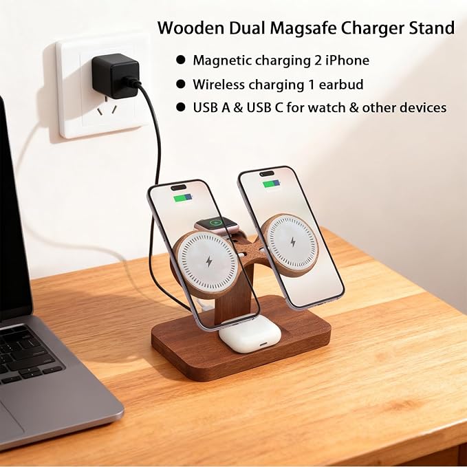 Wood Dual Phone Charging Station Compatible with Magsafe Charger Stand Magnetic Wireless Charger for iPhone 17 16 15 14 13 12 Series iWatch AirPods Wireless Charging Station for Apple Devices