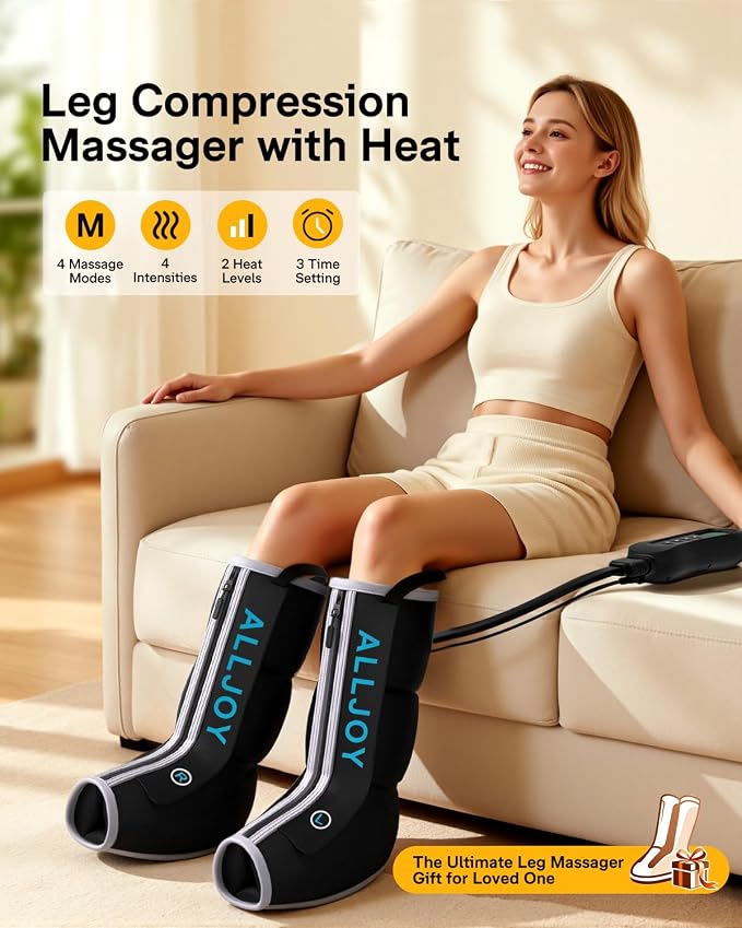 ALLJOY Leg Massager with Heat and Compression, Sequential Leg Compression Massager Boots with 2 Heat 4 Mode 4 Intensity, Leg Massager for Circulation and Pain Relief FSA