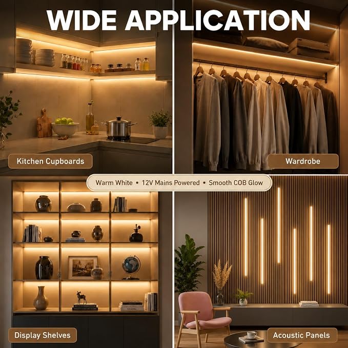 COB LED Strip Lights, 6 in 1 Dimmable Touch Control Under Cabinet Lights, 12V Under Cabinet Lighting Kit, Cuttable Self-Adhesive LED Strips for Display Cabinets, Wardrobes, Kitchen, Shelf Lighting
