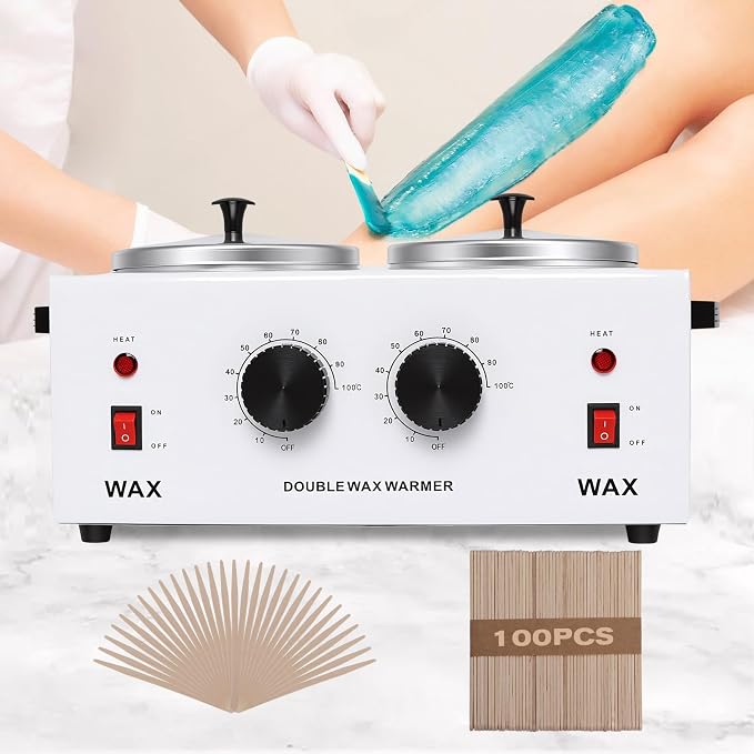 Wax Warmer Double Pot, Professional Electric Heater for Facial, Body, Spa, and Salon, 1.2L Dual Adjustable Temperature with 100 Wooden Craft Sticks, Hair Removal