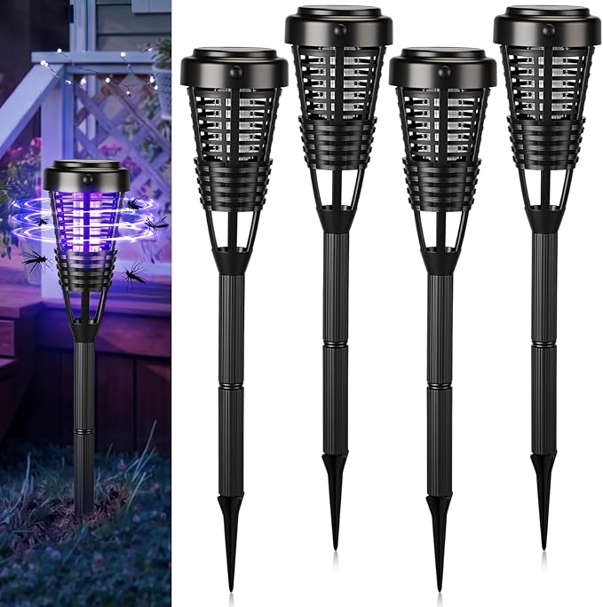 4 Pcs Solar Bug Zapper Outdoor, Torch Zapper Lights Waterproof Mosquito Killer Lamp with Auto On/Off Lighting,Purple Bug Light and White Ambient Light for Garden Patio Yard Balcony(Black)