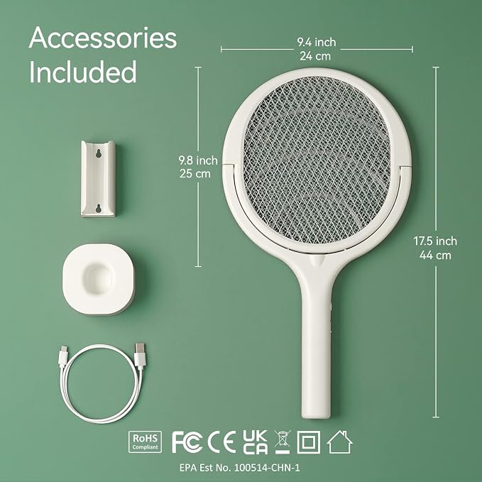 2 Pack BUGZILLA Electric Fly Swatter Racket Rotating Head Type-C Rechargeable Electric Bug Zapper Racket Mosquito Zapper Fly Zapper Racket Gnat Wasp Killer Indoor 2 Pack