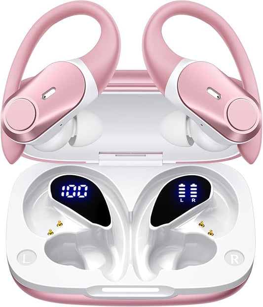 Active Noise Cancelling Wireless Earbuds Bluetooth Headphones 80H Playtime Ear Buds with Power Display Case Hi-Res Sound & Clear Calls Over Ear Hooks Earphones for Sports Running Gym Workout Rose Gold