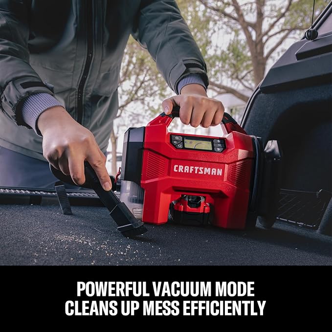 CRAFTSMAN 3-in-1 Cordless Portable Tire Inflator 160 PSI Air Compressor, 4.0Ah Battery & 12V Charger, Car Vacuum, Dust Blower & LED Light for Car, Bike, Ball, Inflatable Mat & SUP