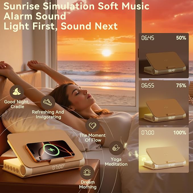 Vivilumens Speaker Bluetooth Wireless Charging 5 in 1 Speaker Loud for Adults Teens Aesthetic Book Shape Sunrise Gentle Wake Up Light for Bedroom Decor Bedside Tech Gifts
