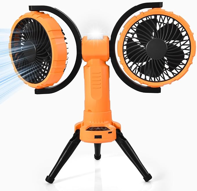 10000mAh Outdoor Camping Fan, Oscillating Battery Operated Tent Fan with LED Lantern, Dual Head Rechargeable Tent Ceiling Fan with Tripod & Hanging Hook - Yellow