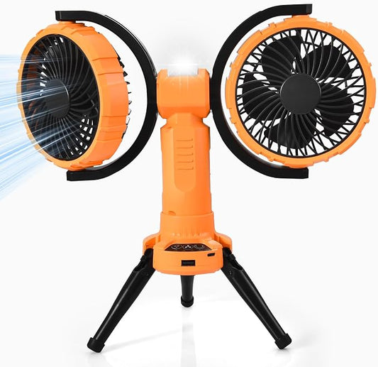 10000mAh Outdoor Camping Fan, Oscillating Battery Operated Tent Fan with LED Lantern, Dual Head Rechargeable Tent Ceiling Fan with Tripod & Hanging Hook - Yellow