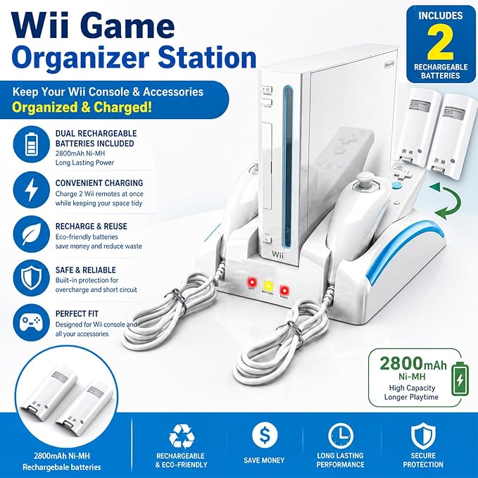 Wii Console Game Organizer Station,Wii Remote Charger Stand Base, 2 Pcs Rechargeable Battery Compatible with Nintendo Console Nunchuk Kit (White)