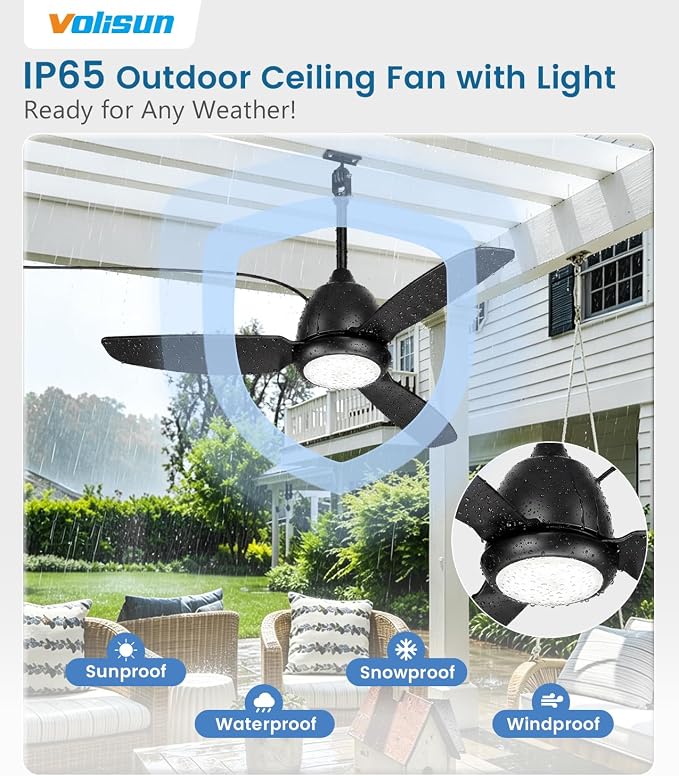 VOLISUN Outdoor Ceiling Fans with Light for Patios, 42in Weatherproof Plug in Ceiling Fan, 3CCT Dimmable Gazebo Ceiling Fan Remote&APP Control, Black Caged Ceiling Fan for Porch, Pergola,Canopy