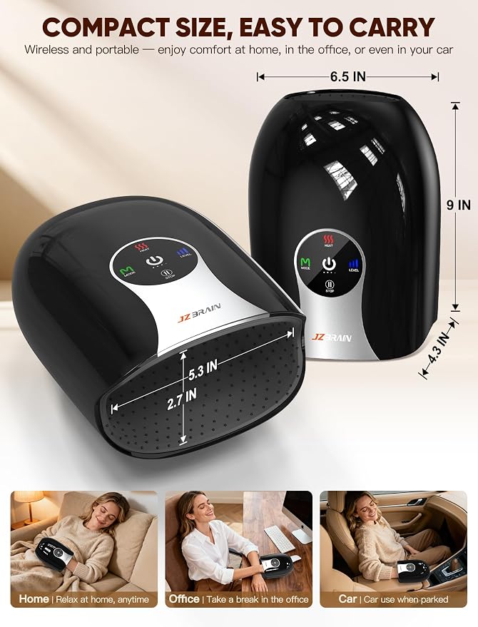 JZBRAIN Hand Massager with Heat and Compression, Black | Cordless, Heated Hand Massage for Arthritis and Carpal Tunnel, 4 Modes 6 Intensities, Portable Rechargeable