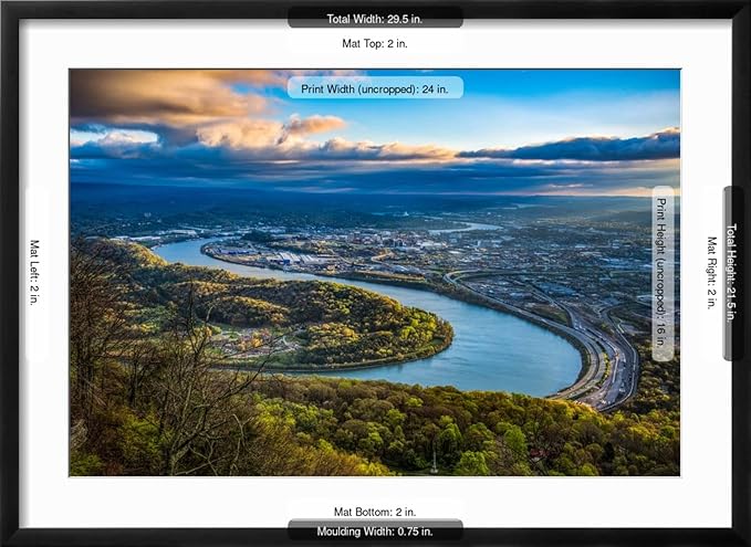 ART.COM Wall Photographic Print Drone Aerial View of Downtown Chattanooga Tennessee TN and Tennessee River on Black Frame, 29" x 21"