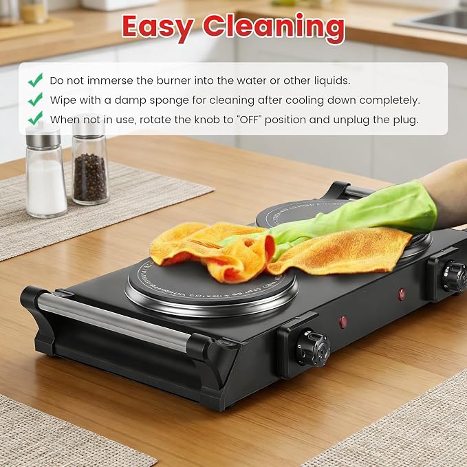 Electric Burner, Electric Hot Plate for Cooking Portable Cooking Stove, Countertop Burner Cooktop for Kitchen, Dorm, Temperature Control, Easy to Clean, Black