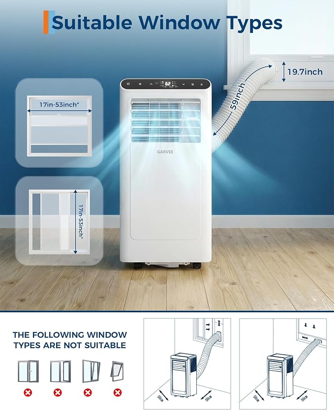 8000 BTU Portable Air Conditioner 3-in-1 AC Unit | 3-in-1, Up to 350 Sq.Ft., Cool, Fan & Dehumidifier, 24H Timer & Remote, Installation Kit Included