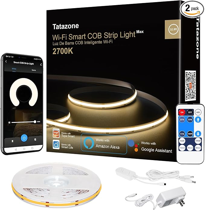 Tatazone Smart White COB Led Strip Light with App and Remote, 32.8ft 2700K Bright Warm Color WiFi COB Light Strip Compatible with Alexa Google, Dimmable Indoor Led Lights for Mirror, Cabinet, Kitchen