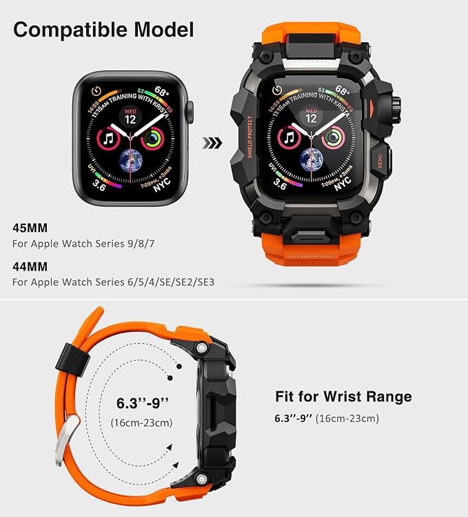 ULTIMAL Rugged Case with Band for Apple Watch 44mm,Compatible with Apple Watch Series SE 3/SE 2/SE Generation/6/5/4, Military Grade Shockproof Bumper Cover for iWatch Tactical Band Men (Orange, 44mm)