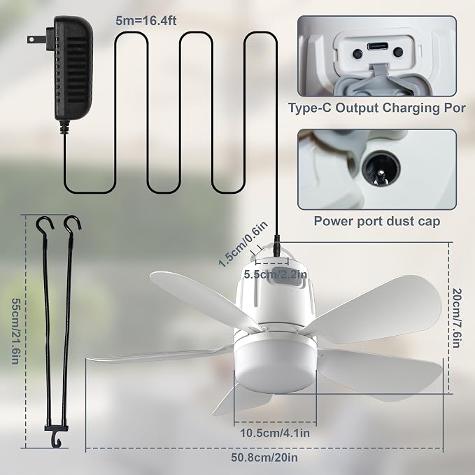 Battery Operated Outdoor Ceiling Fan, 20000mAh Portable Canopy Fan with Light, Remote & Hanging Hook, 3000k-6000k Dimmable Rechargeable Ceiling Fan for Tent, Gazebo, Patio, Camping (20'')