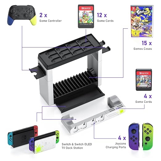 Switch Game Storage with Controller Charger for Nintendo Switch & OLED Model (Designed for Splatoon 3), Switch Charging Dock Charges 6 Joycons, Gaming Accessories Holder Switch Gift Card Organizer