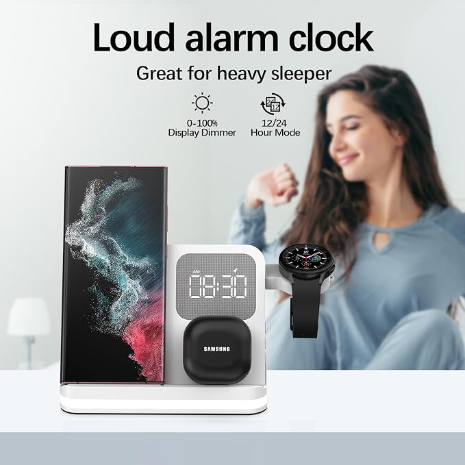 3-in-1 Wireless Charging Station with Digital Alarm Clock, Dimmable Night Light & 15W Fast Charge | All-in-One Bedside Dock for Qi Phones, Smart Watches, Wireless Earbuds, B22 White.