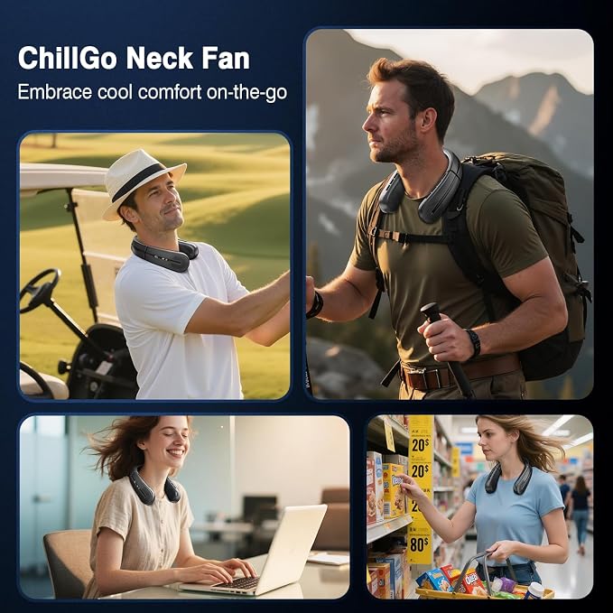 ChillGo Portable Neck Fan - 8400 RPM Enlarged Turbo Airflow - 5200mAh Personal Rechargeable Cooling Wearable Fan - Max 16H, 4 Speeds, Foldable, LED Display - Great Gifts for Men Women - NYC Midnight