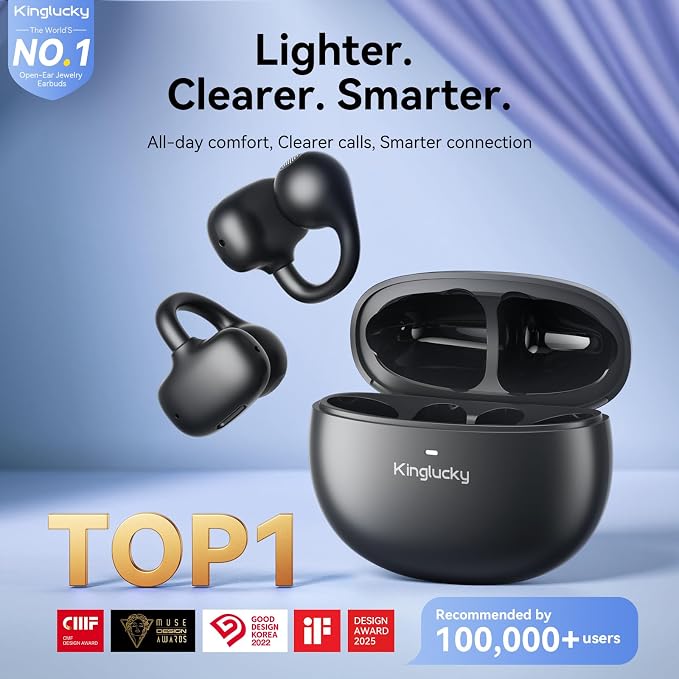 Kinglucky Upgraded Clip-On Earbuds Comfortable fit & Crystal-Clear Sound, 40H Playtime Open Ear Buds Bluetooth 6.0 Wireless Headphones for Women Ideal for Small Ears,Sports,Workouts,Glasses Black