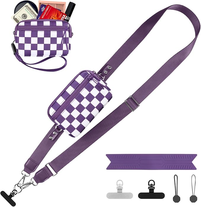 YFWE Clip and Go Strap for Phone with Wallet Crossbody, Adjustable Phone Lanyard with Detachable RFID Wristlet Wallet, Phone Strap with Phone Tabs for All Phones, Purple Checkered (M)