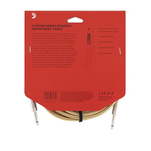 D'Addario Guitar Cable - Guitar Lead - Instrument Cable - Guitar Accessories - Custom Series Braided Cable - 15 Feet/4.57 Meters - Tweed - 1 Pack