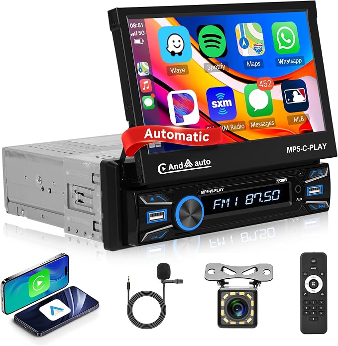 [Automatic] Single Din Flip Out Car Stereo Wireless Carplay Android Auto-7 Inch Touch Screen Radio-USB/TF/AUX in, Mirror Link,FM Radio,Bluetooth, Backup Camera