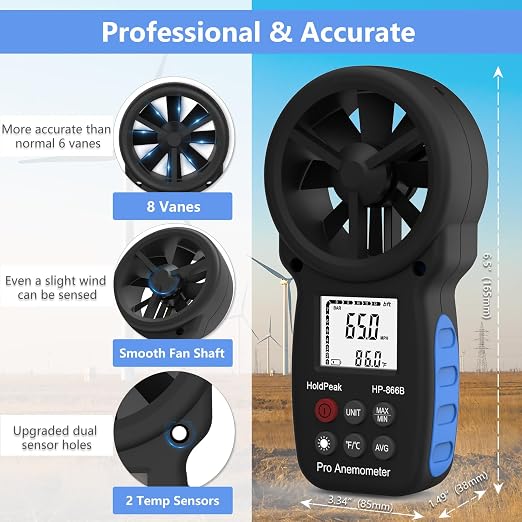 HoldPeak 866B Handheld Anemometer with Tripod, Digital Wind Speed Gauge Meter, Air Flow Velocity Temperature CFM Measuring Device for HVAC Outdoor Sailing Shooting Golf