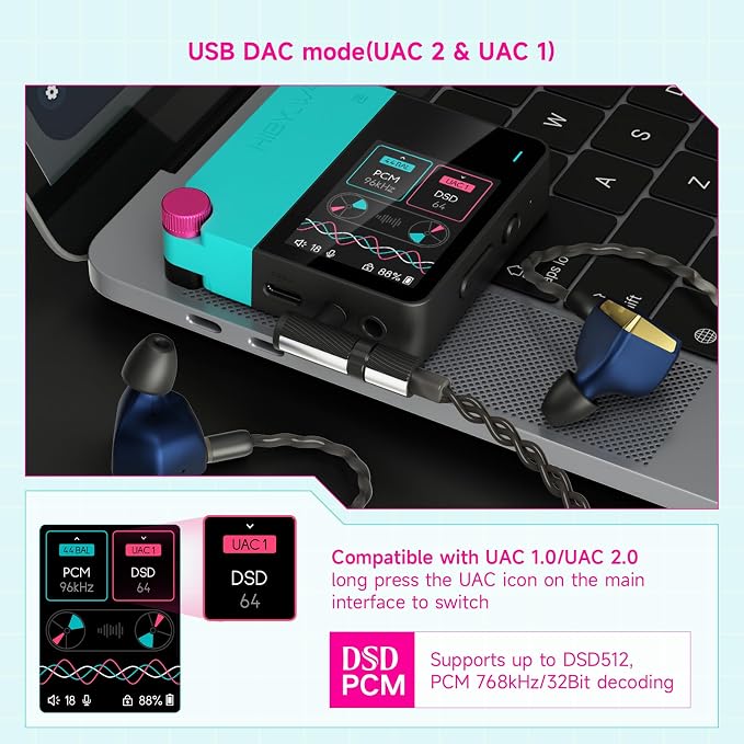 HiBy W4 Bluetooth Headphone Amplifier USB DAC, BT 5.4 & NFC, aptX Lossless LDAC, Dual DAC, DSD512 PCM 768kHz, 2-Inch Touch Screen, CVC Noise Reduction, 3.5mm & 4.4mm Balanced Output