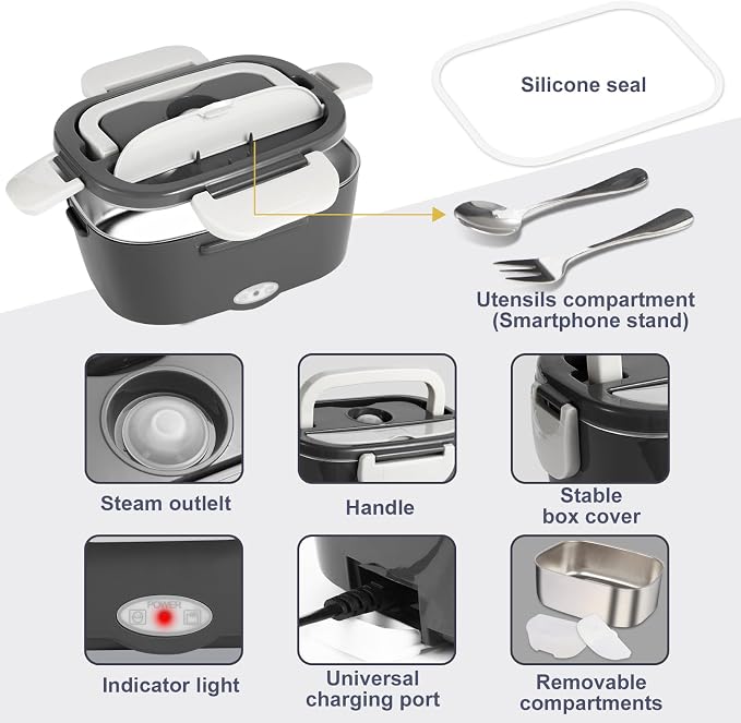 SOHIDA Electric Lunch Box, 12V/24V/110V Portable Food Warmer with SS Fork & Spoon for Car/Truck/Office, 80W Self Heating Lunch Box with 1.5L 304 Stainless Steel Container & 0.45L PP Fruit Box Beige