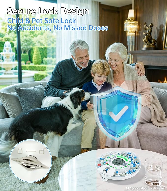 Bluetooth Automatic Pill Dispenser with App, Alarm, Light Alerts, 28-Day Medication Organizer for Seniors & Caregivers with Tracks Adherence History, Clear LCD, Key Lock, for Vitamins Prescriptions
