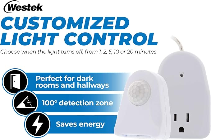 Westek Plug In Motion Sensor Outlet Light Control, 2 Pack - Indoor Motion Sensor Device Activates Lights When Motion is Detected - Ideal for Dark Hallways - 25ft Range, 6 Foot Cord (MLC12BC-4)