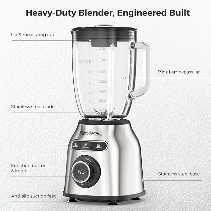 Blender with 3 Programs, 1000W Heavy-Duty Countertop Blenders for Kitchen, 59 Oz Glass Jar, Auto Clean 8-Speeds & Pulse Function Blender for Smoothies, Shakes, Ice Crushing & Frozen Fruit