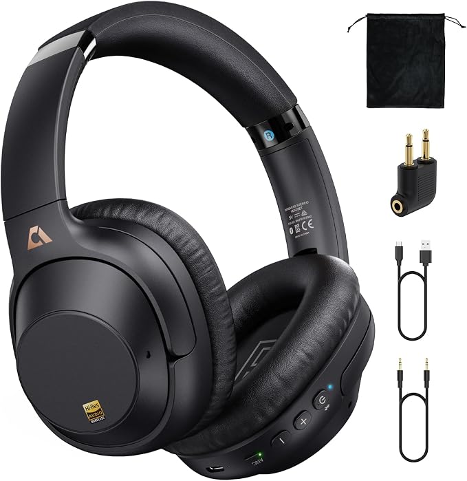 Bluetooth 6.0 Active Noise Cancelling Headphones for Airplane Travel, LDAC Hi-Res Audio, 90H Playtime Wired and Wireless ANC Headphones, Over Ear Headset for Home Office, Custom EQ via APP, Black