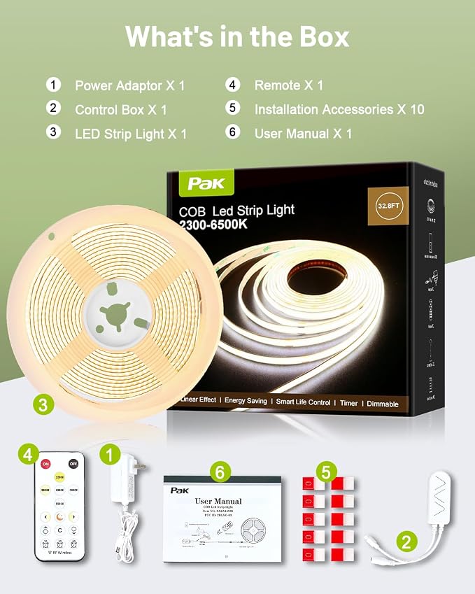 COB LED Strip Lights 32.8ft, Dimmable White CCT Tunable 2300K-6500K, DC 24V High Lumen Cuttable LED Tape Light, 6080 LED 48W CRI 90, APP Remote Control, Music Mode, For Home DIY, Living Room, Bedroom