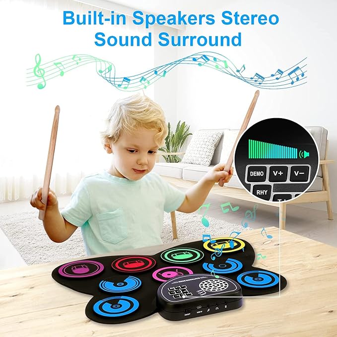 Electric Drum Set, 9 Drum Practice Pad, Roll-up Electronic Drum Pad with Headphone Jack Built-in Speaker Drum Sticks Foot Pedals, Gift for Kids
