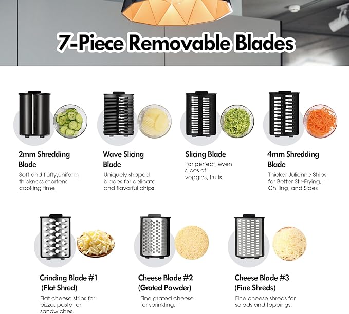 Cheese Grater Electric, Electric Grater 250W for Block Cheese with 7 Different Blades, Electric Cheese Shredder, Electric Salad Maker with Cleaning Brush for Fruits, Vegetables