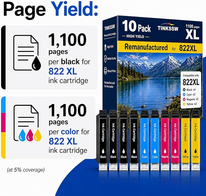 Remanufactured for Epson 822XL Ink Cartridges Replacement for 822 XL for Workforce Pro WF-3820 WF-3823 WF-4820 WF-4830 WF-4833 WF-4834 Printer 10 Pack