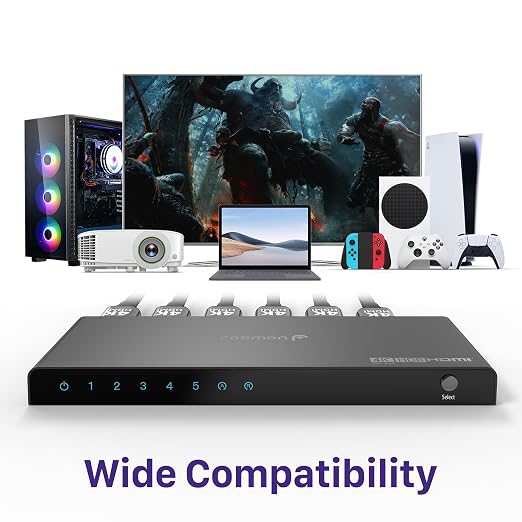 Fosmon 5-Port HDMI 4K Switch with Remote, Support 4K@60Hz HDCP 2.2 High Speed 18Gbps 5 in 1 Out Auto-Switching 5x1 HDMI 2.0 Switcher Splitter Hub Compatible with PS5, Xbox X, Apple TV