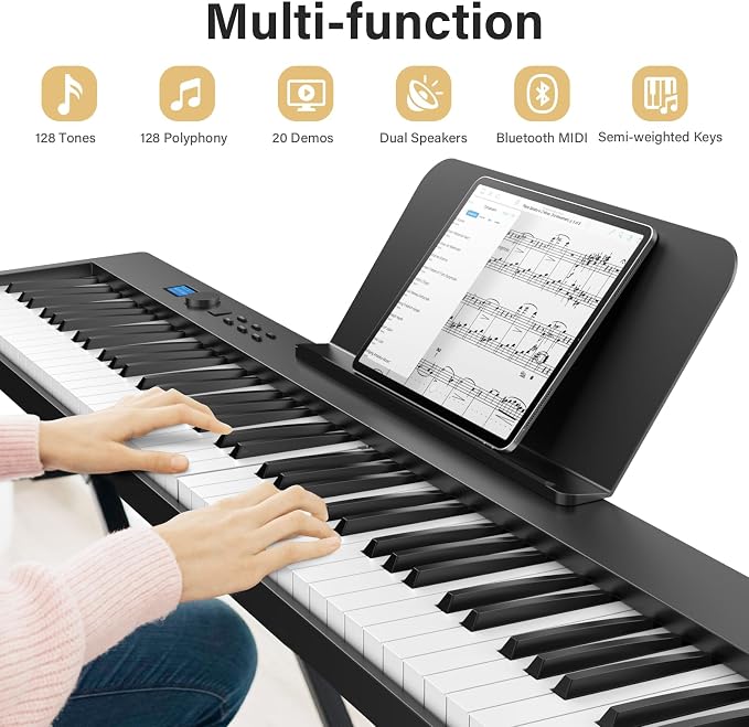 88 Key Folding Piano Keyboard, Portable Semi-Weighted Digital Piano with MIDI Support, Built-in Speakers, Rechargeable Battery, Travel Piano for Beginners