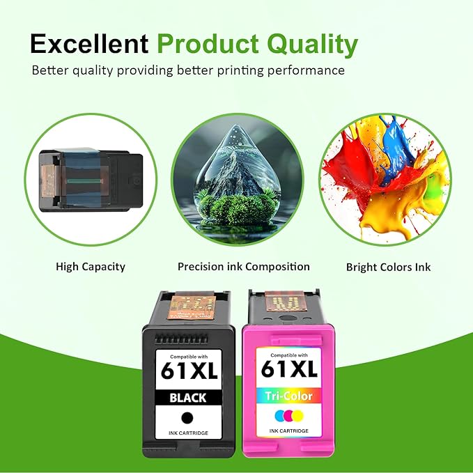 61XL 61 Ink Cartridge for HP Printers Remanufactured Replacement for HP61 Ink Black and Color Combo Pack for Envy 4500 5530 4502 OfficeJet 4630 DeskJet 2540 Printer (Black Tri-Color)
